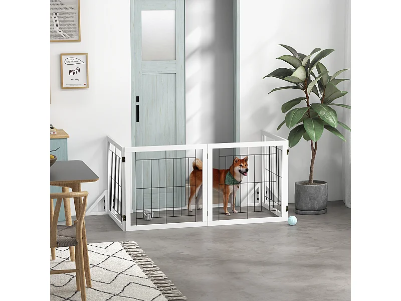 Barrière de sécurité pour animaux autoportante - barrière modulable pliable 4 panneaux - 2 pieds support - acier noir bois blanc