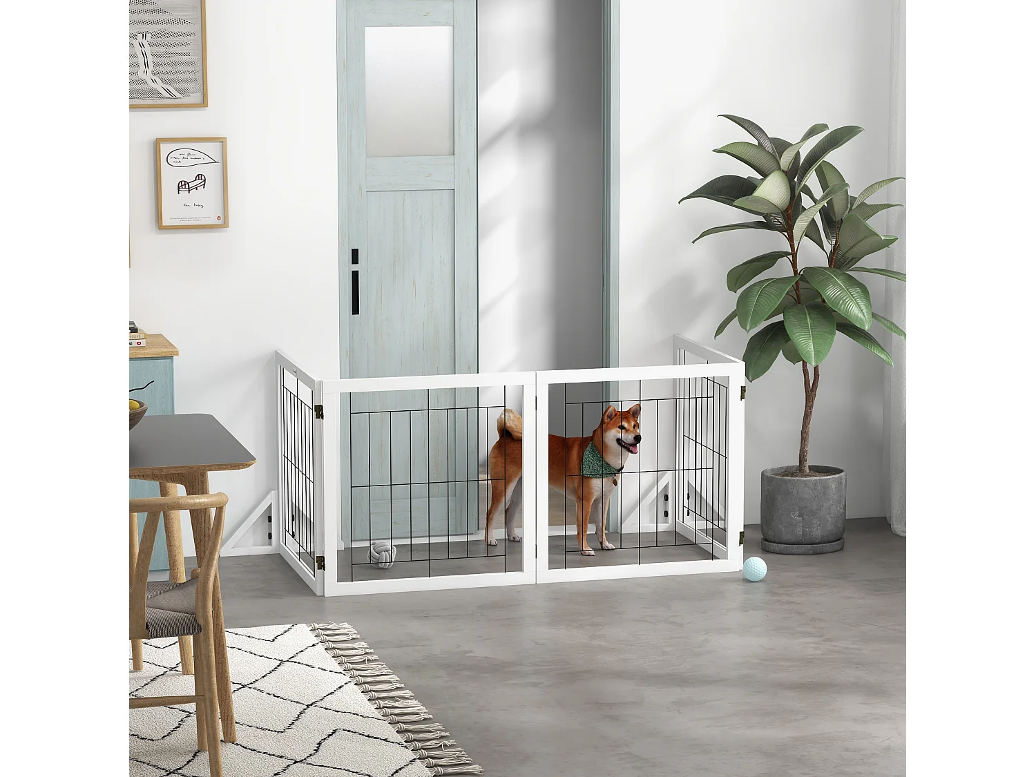 Barrière de sécurité pour animaux autoportante - barrière modulable pliable 4 panneaux - 2 pieds support - acier noir bois blanc