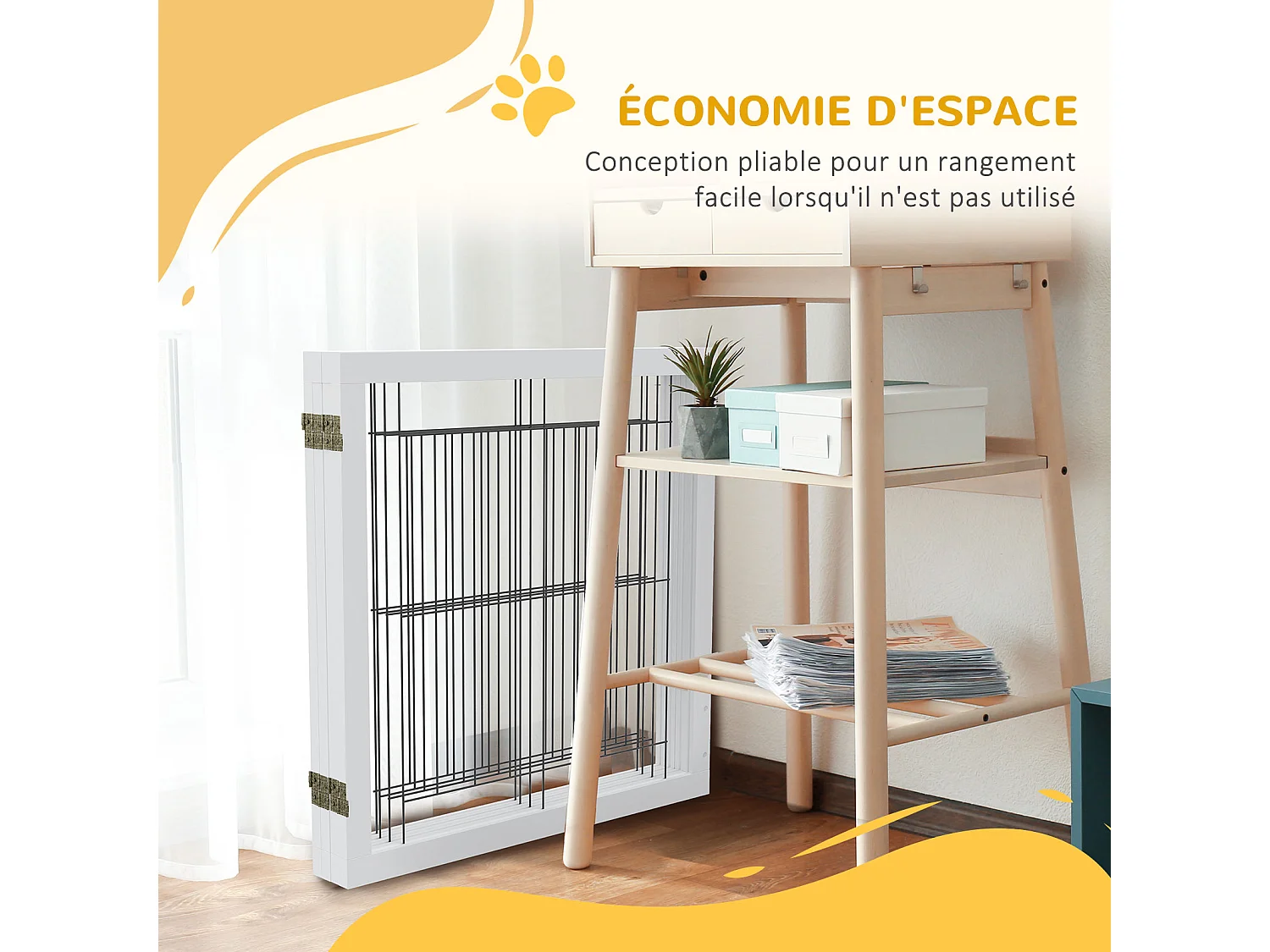 Barrière de sécurité pour animaux autoportante - barrière modulable pliable 4 panneaux - 2 pieds support - acier noir bois blanc