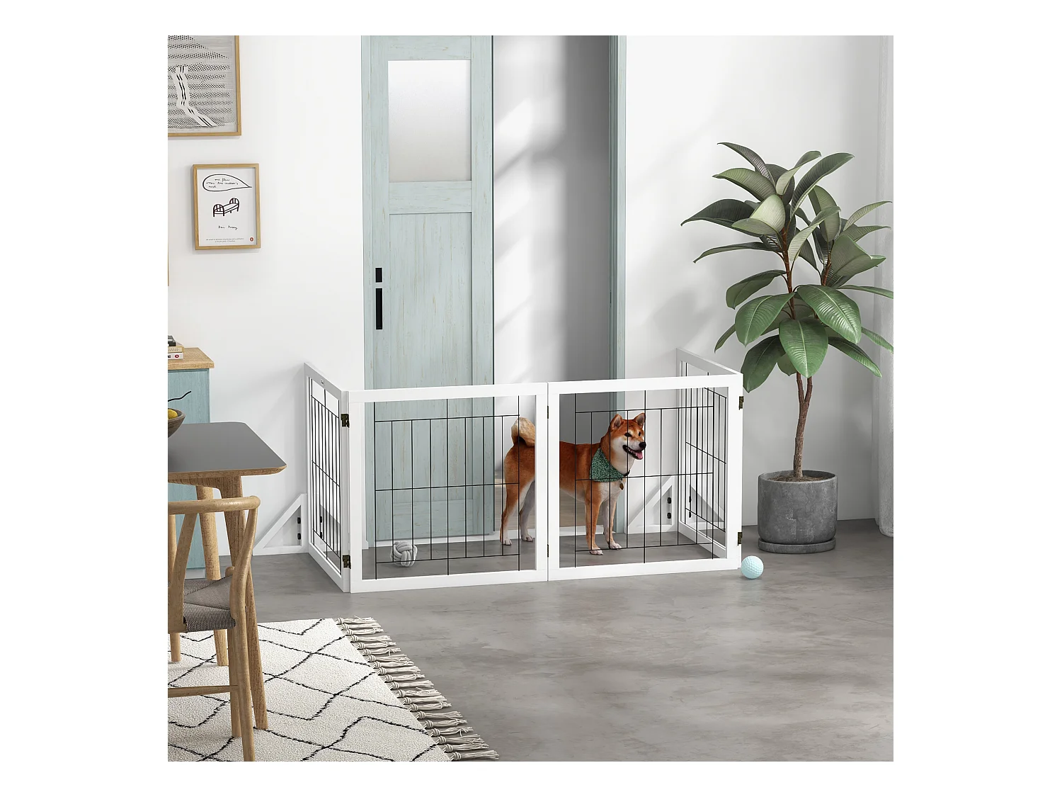 Barrière de sécurité pour animaux autoportante - barrière modulable pliable 4 panneaux - 2 pieds support - acier noir bois blanc