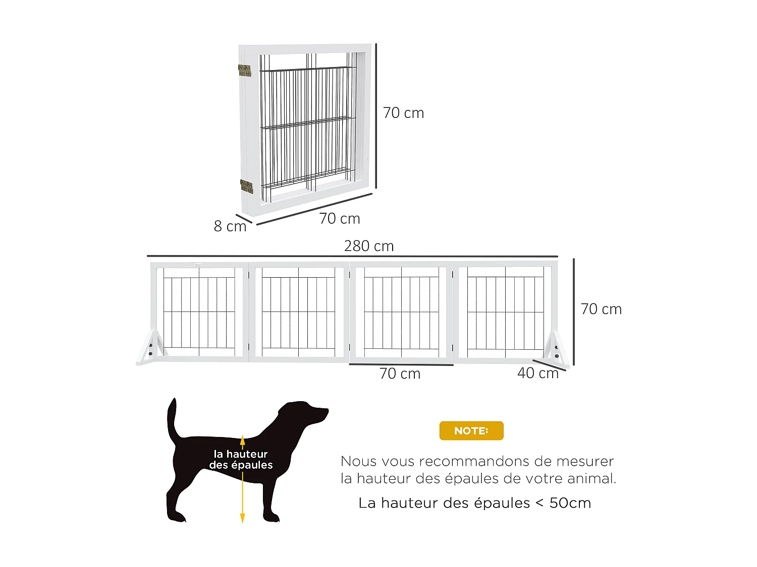 Barrière de sécurité pour animaux autoportante - barrière modulable pliable 4 panneaux - 2 pieds support - acier noir bois blanc