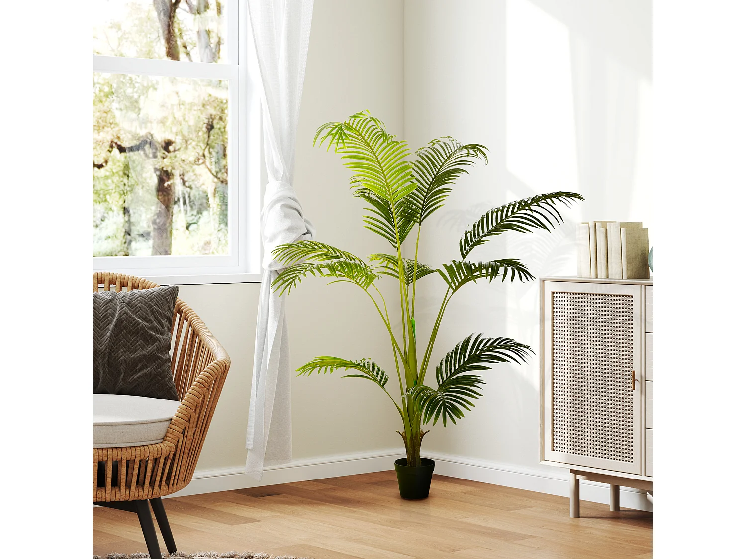 Palmier artificiel Sanwei Kwai H. 170 cm 11 grandes feuilles pot noir inclus