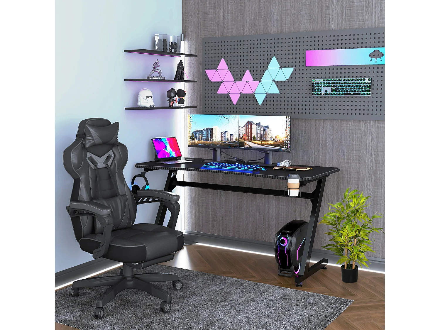 Bambou artificiel H. 60 cm feuilles denses réalistes pot inclus noir avec lichen vert