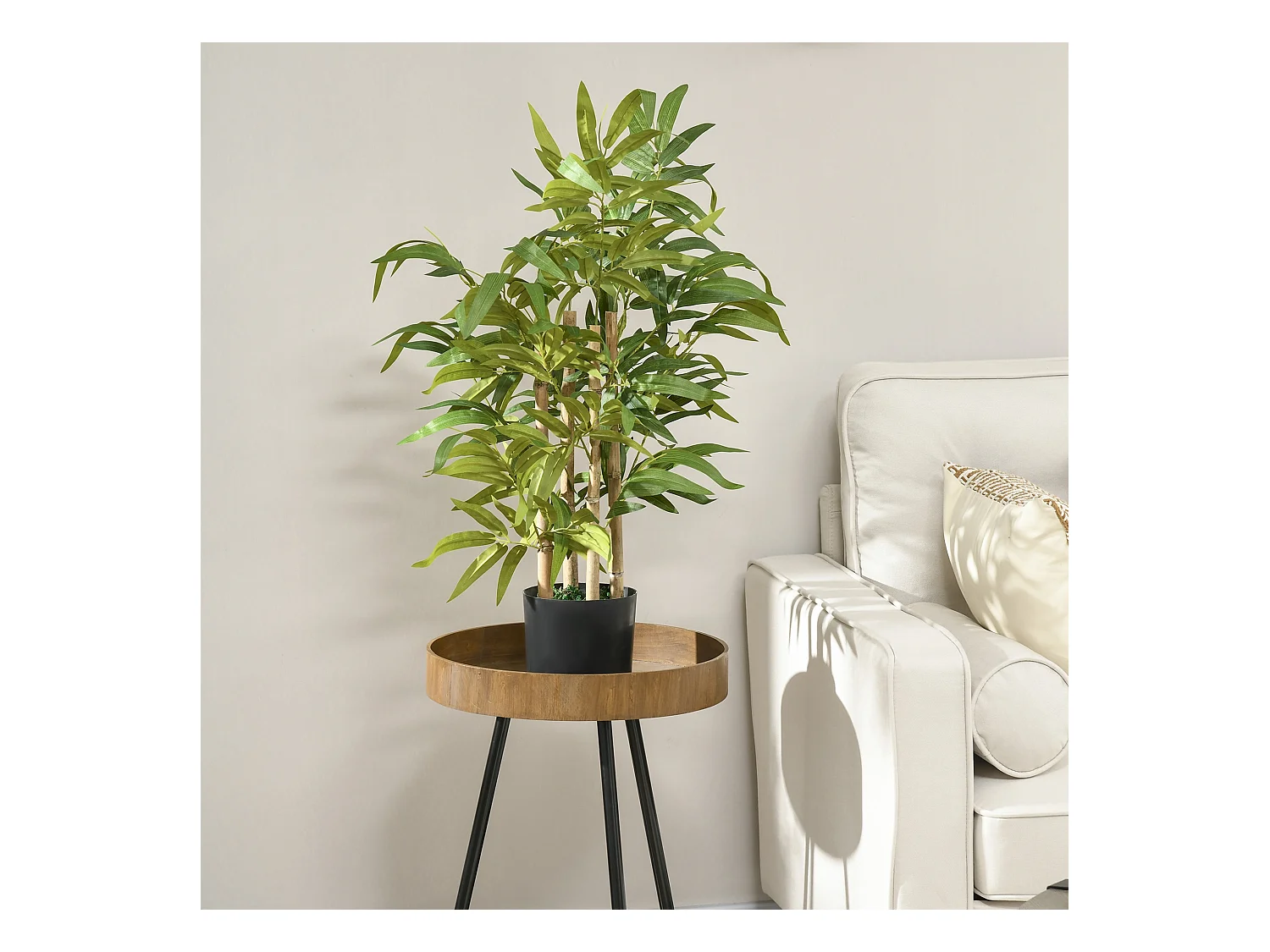 Bambou artificiel H. 60 cm feuilles denses réalistes pot inclus noir avec lichen vert