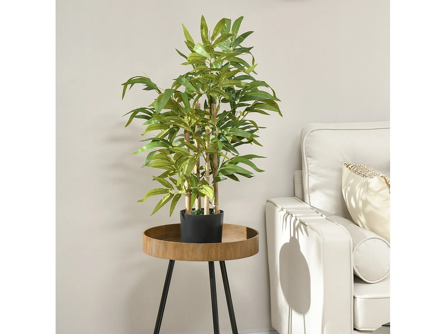 Bambou artificiel H. 60 cm feuilles denses réalistes pot inclus noir avec lichen vert