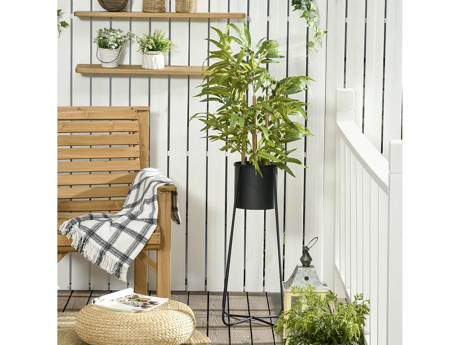 Bambou artificiel H. 60 cm feuilles denses réalistes pot inclus noir avec lichen vert