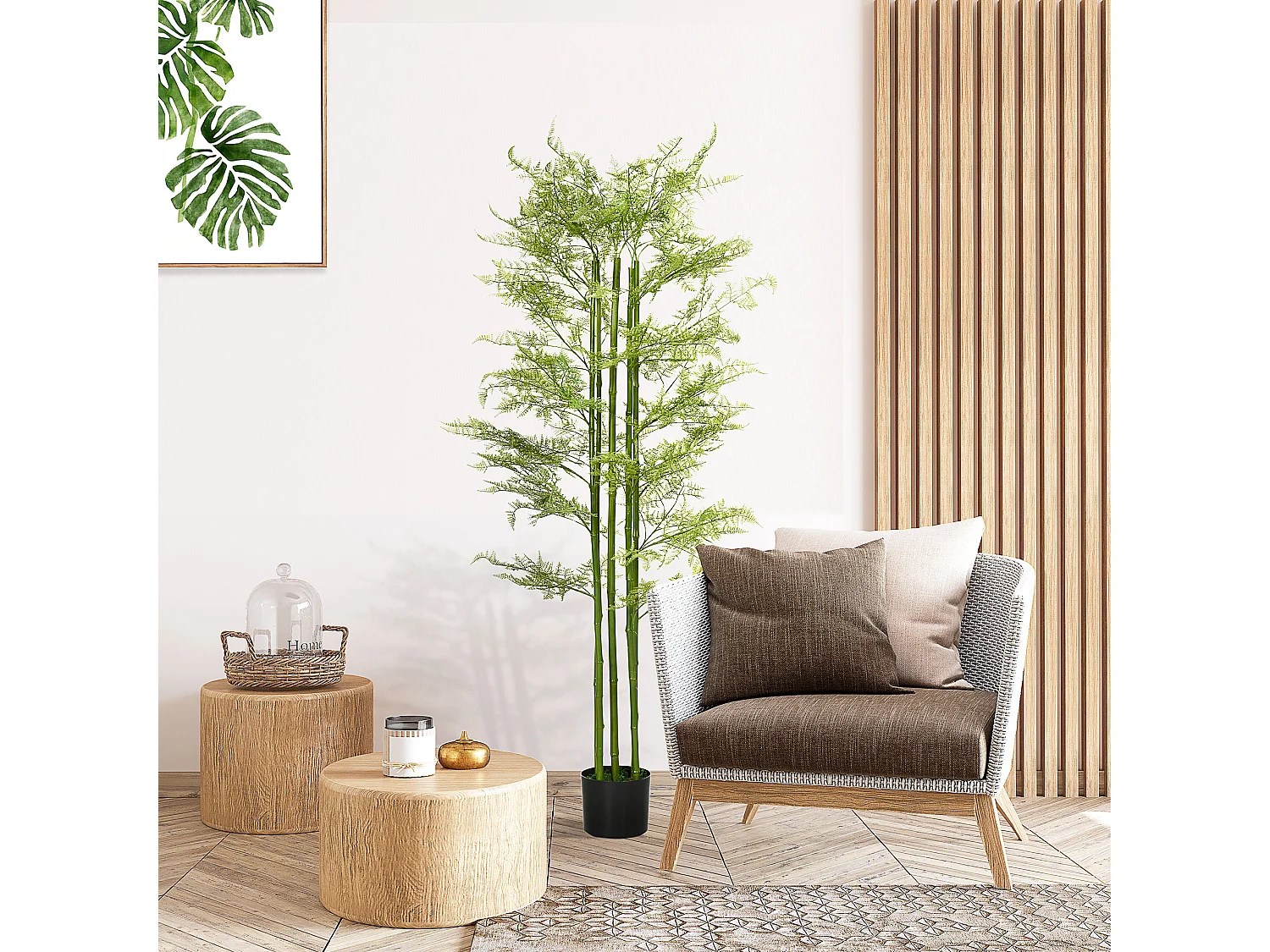 Plante artificielle aspect haute fougère H. 155 cm 28 feuilles denses réalistes pot inclus noir avec lichen vert
