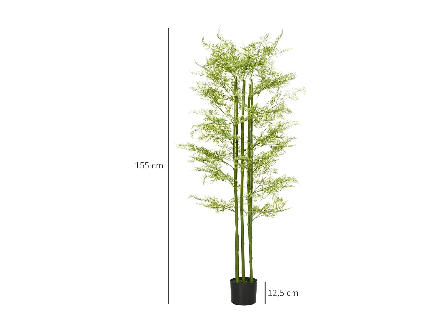 Plante artificielle aspect haute fougère H. 155 cm 28 feuilles denses réalistes pot inclus noir avec lichen vert