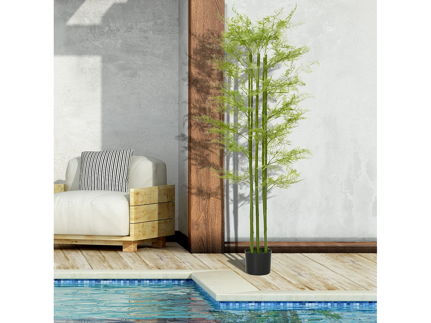 Plante artificielle aspect haute fougère H. 155 cm 28 feuilles denses réalistes pot inclus noir avec lichen vert