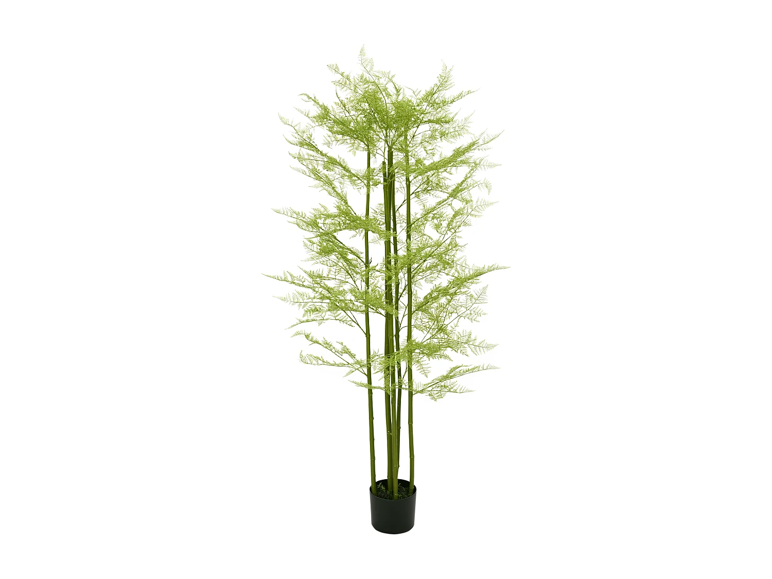 Plante artificielle aspect haute fougère H. 155 cm 28 feuilles denses réalistes pot inclus noir avec lichen vert