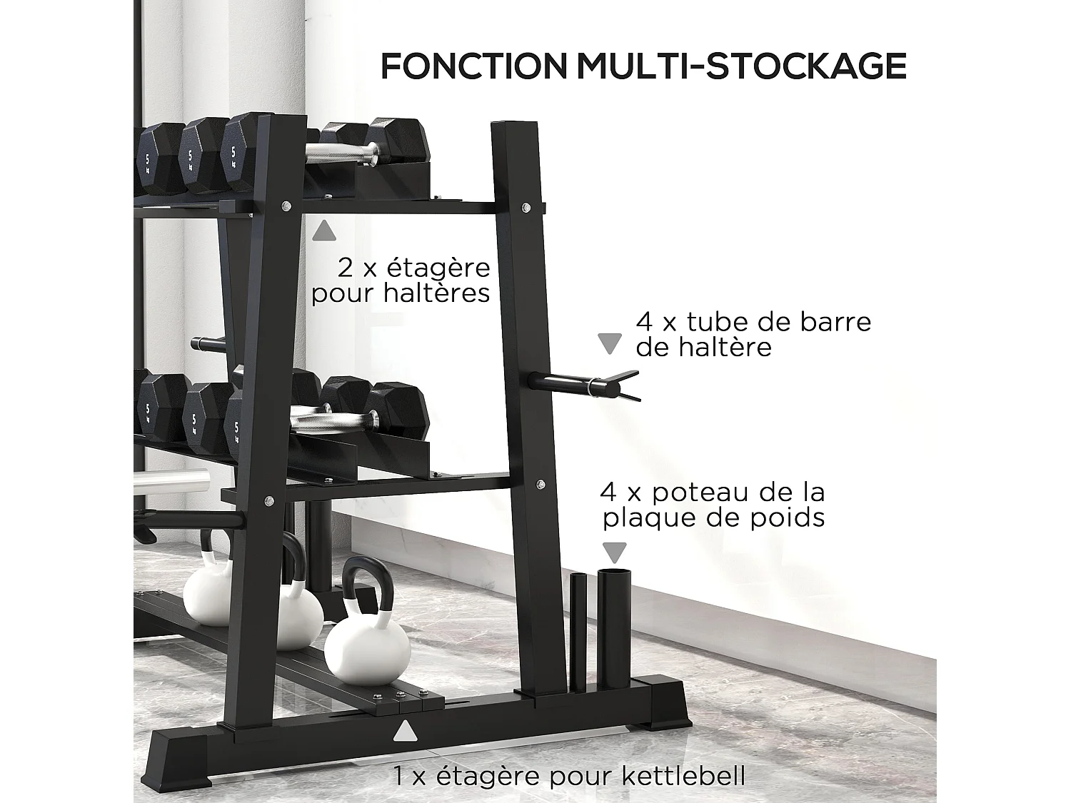 Support pour poids, haltères et barres - rack haltères multifonction - charge max. 200 Kg - acier noir