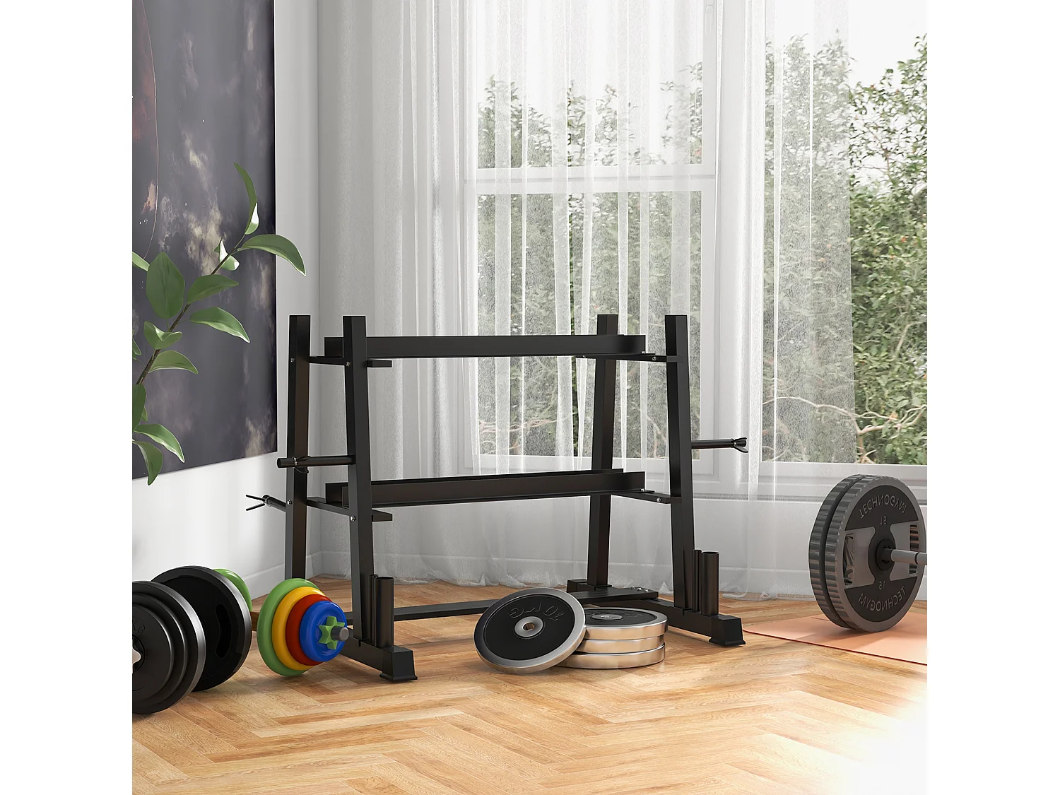 Support pour poids, haltères et barres - rack haltères multifonction - charge max. 200 Kg - acier noir