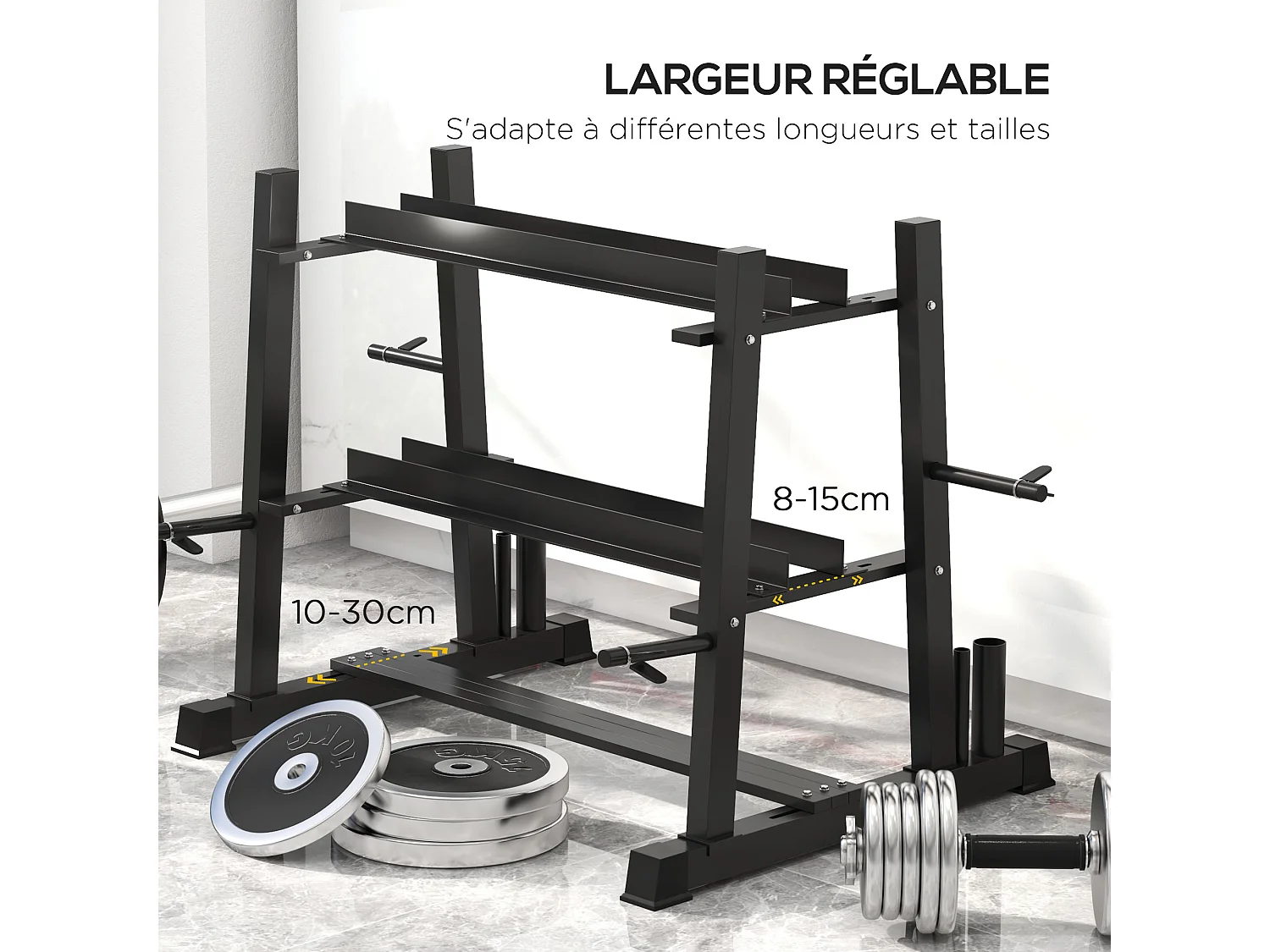 Support pour poids, haltères et barres - rack haltères multifonction - charge max. 200 Kg - acier noir