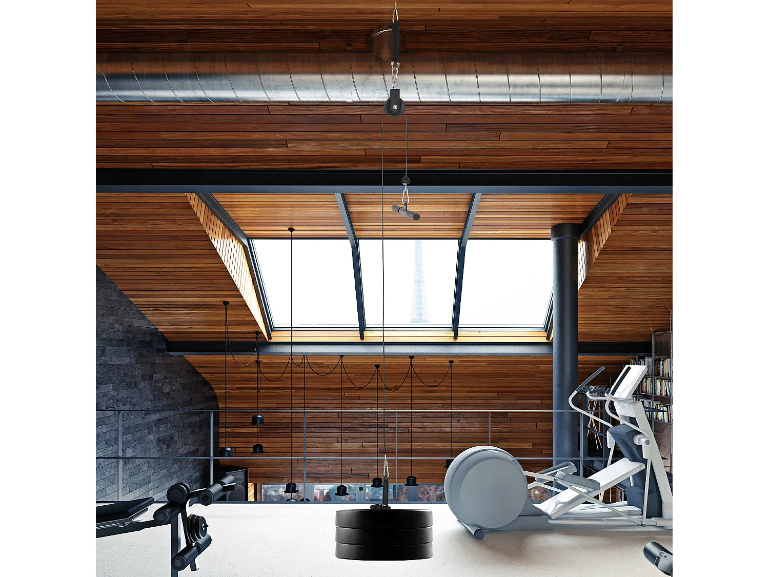 Station de musculation - station de traction poulie haute à fixer au plafond - barre traction et autres accessoires inclus