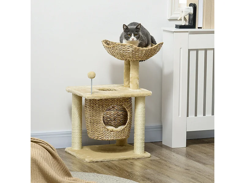 Arbre à chat style cosy chic griffoirs boule ressort niche panier 2 coussins inclus quenouille sisal naturel peluche beige