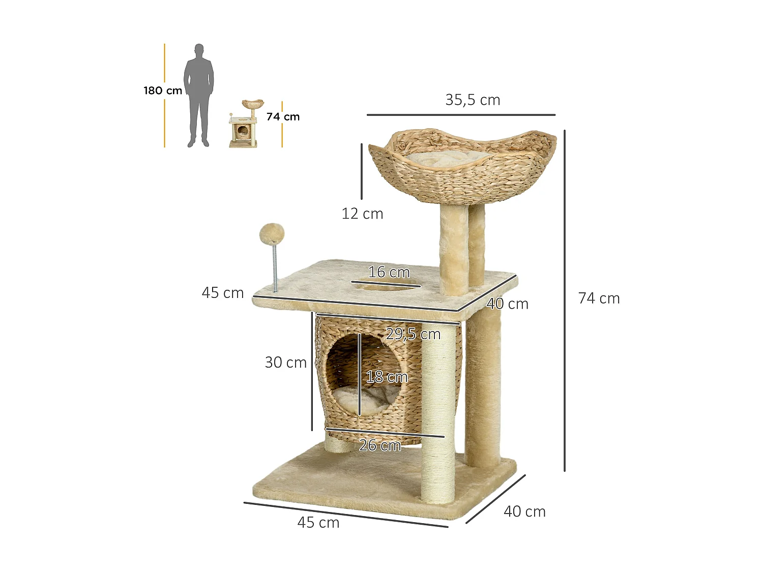 Arbre à chat style cosy chic griffoirs boule ressort niche panier 2 coussins inclus quenouille sisal naturel peluche beige