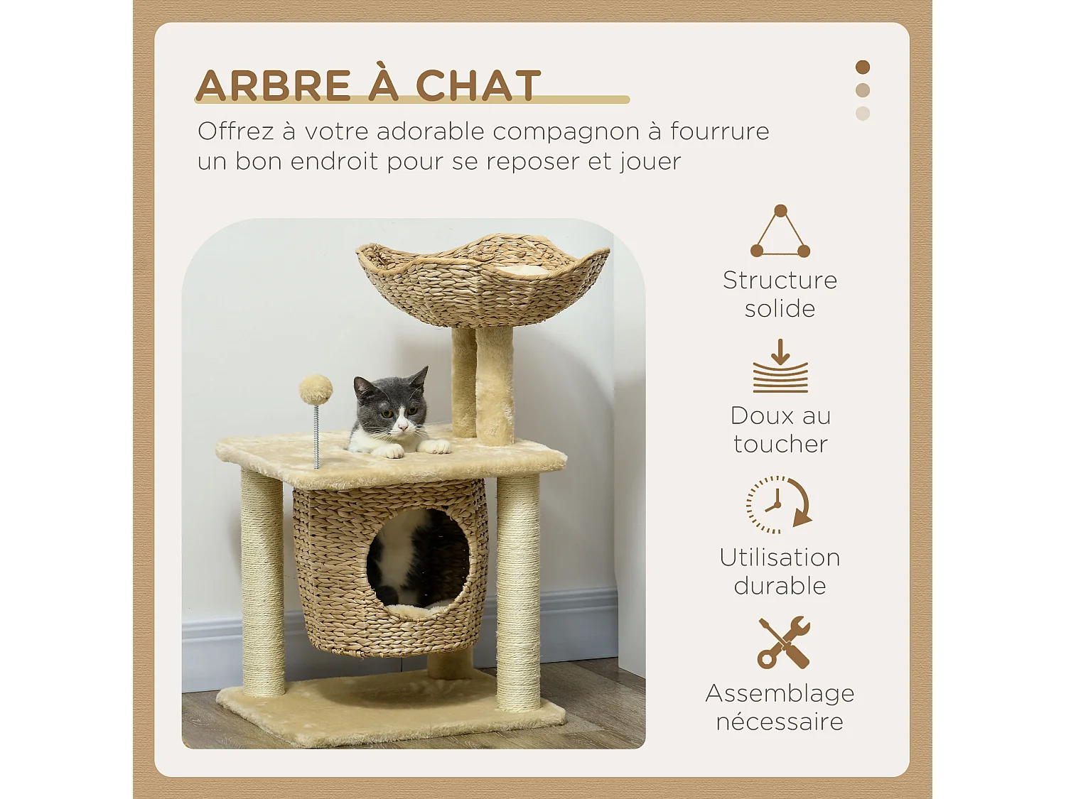 Arbre à chat style cosy chic griffoirs boule ressort niche panier 2 coussins inclus quenouille sisal naturel peluche beige