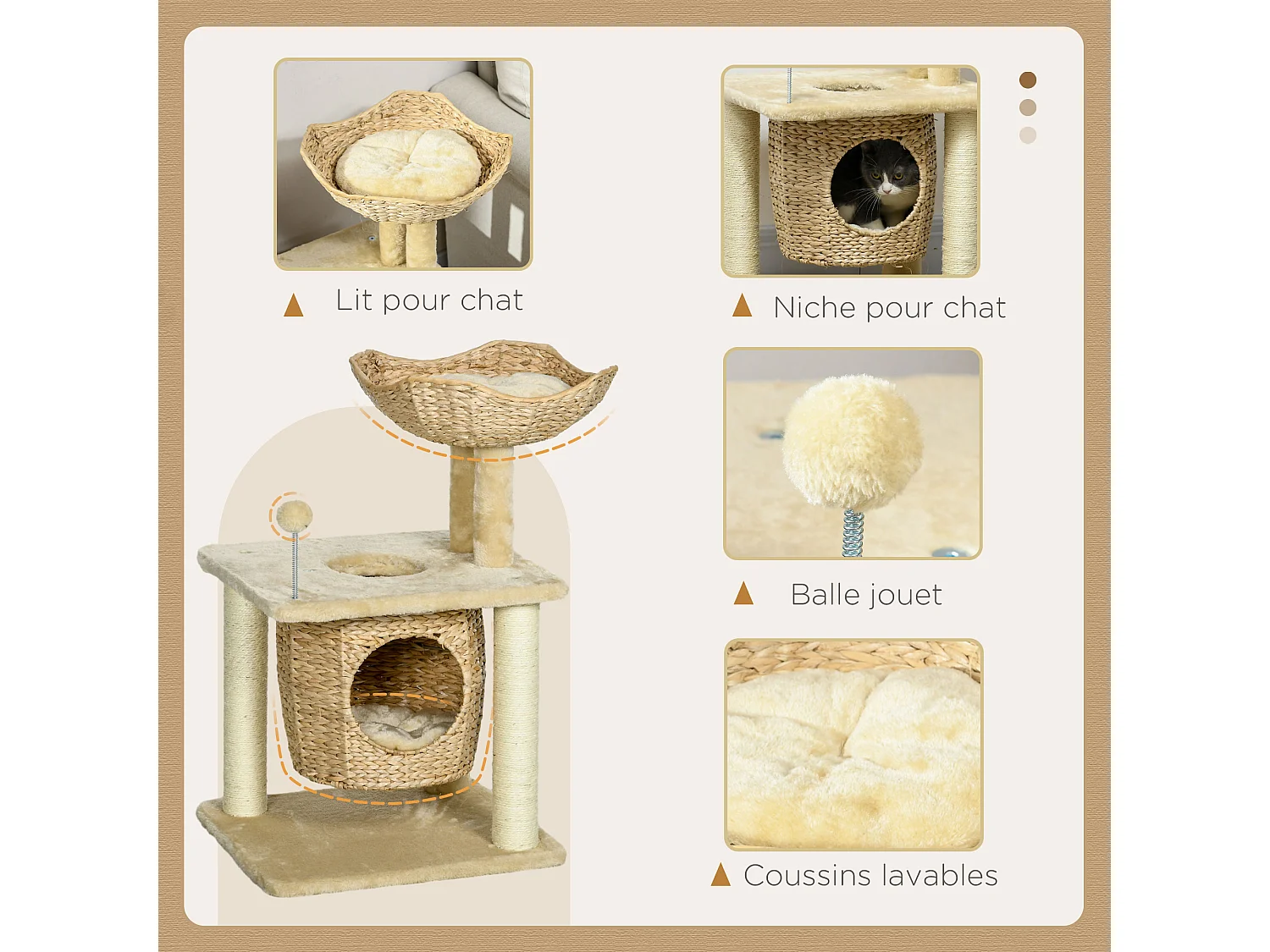 Arbre à chat style cosy chic griffoirs boule ressort niche panier 2 coussins inclus quenouille sisal naturel peluche beige