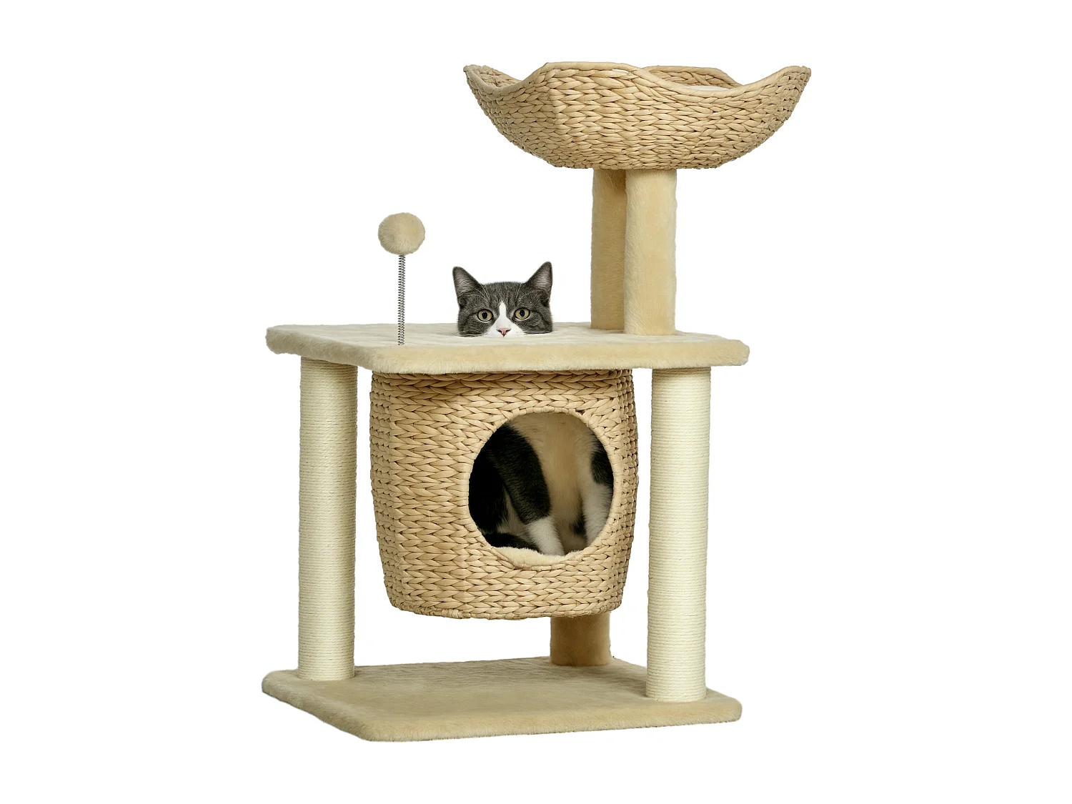 Arbre à chat style cosy chic griffoirs boule ressort niche panier 2 coussins inclus quenouille sisal naturel peluche beige
