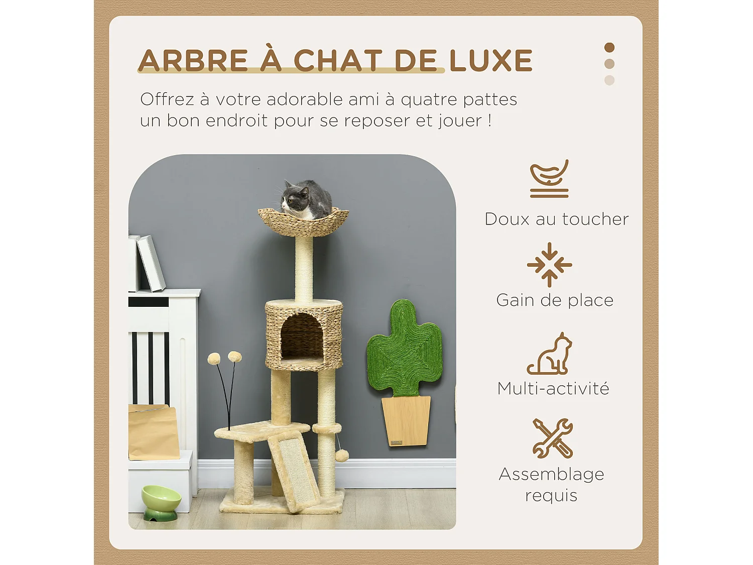 Arbre à chat style cosy chic griffoirs grattoir sisal naturel équipement multiple peluche jacinthe d'eau beige