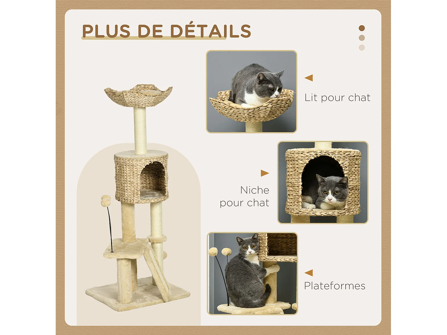 Arbre à chat style cosy chic griffoirs grattoir sisal naturel équipement multiple peluche jacinthe d'eau beige
