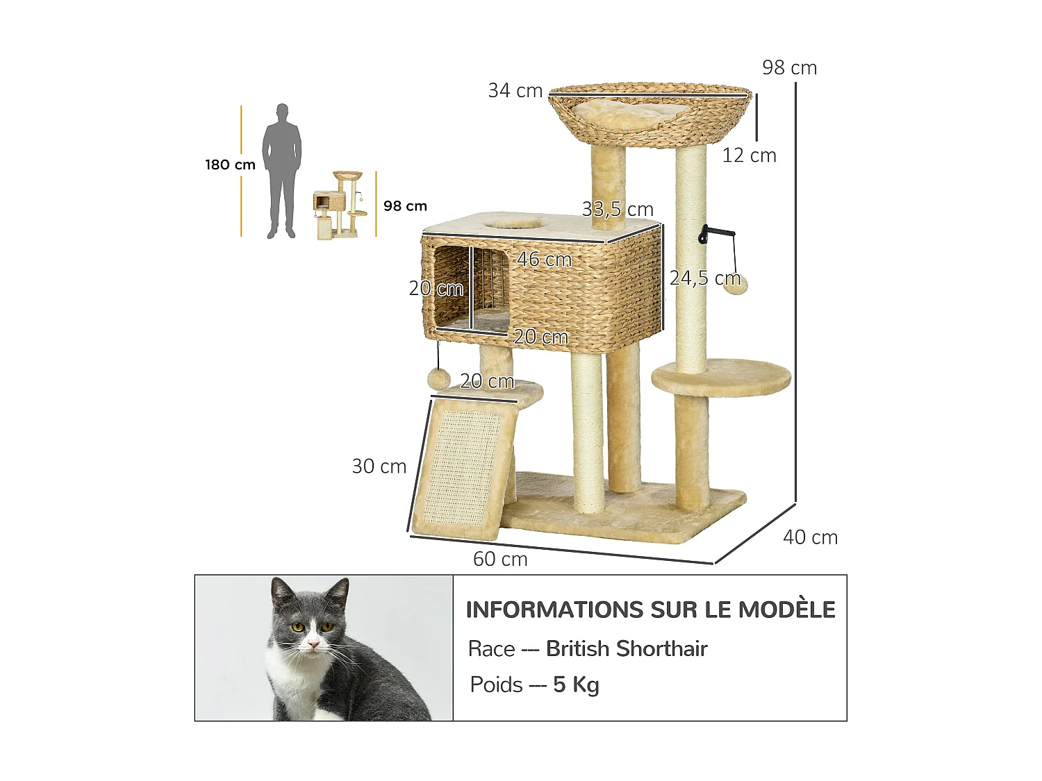 Arbre à chat style cosy chic griffoirs sisal naturel équipement multiple peluche jacinthe d'eau beige