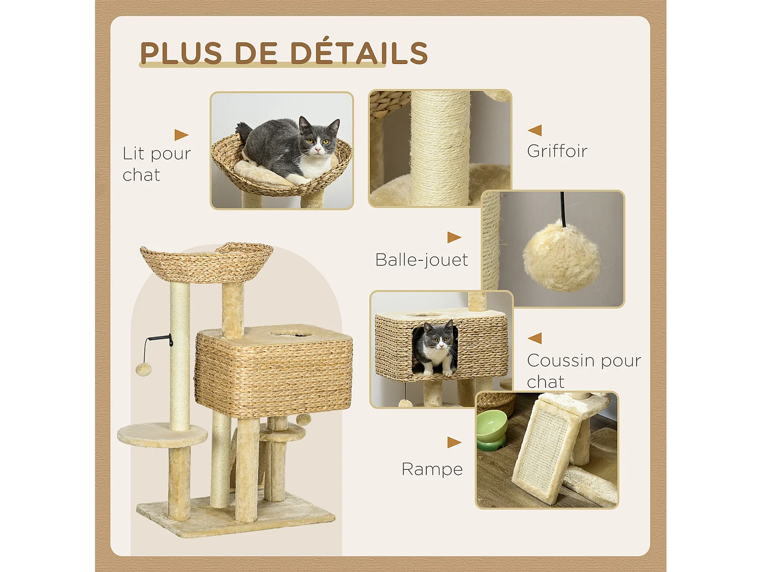 Arbre à chat style cosy chic griffoirs sisal naturel équipement multiple peluche jacinthe d'eau beige