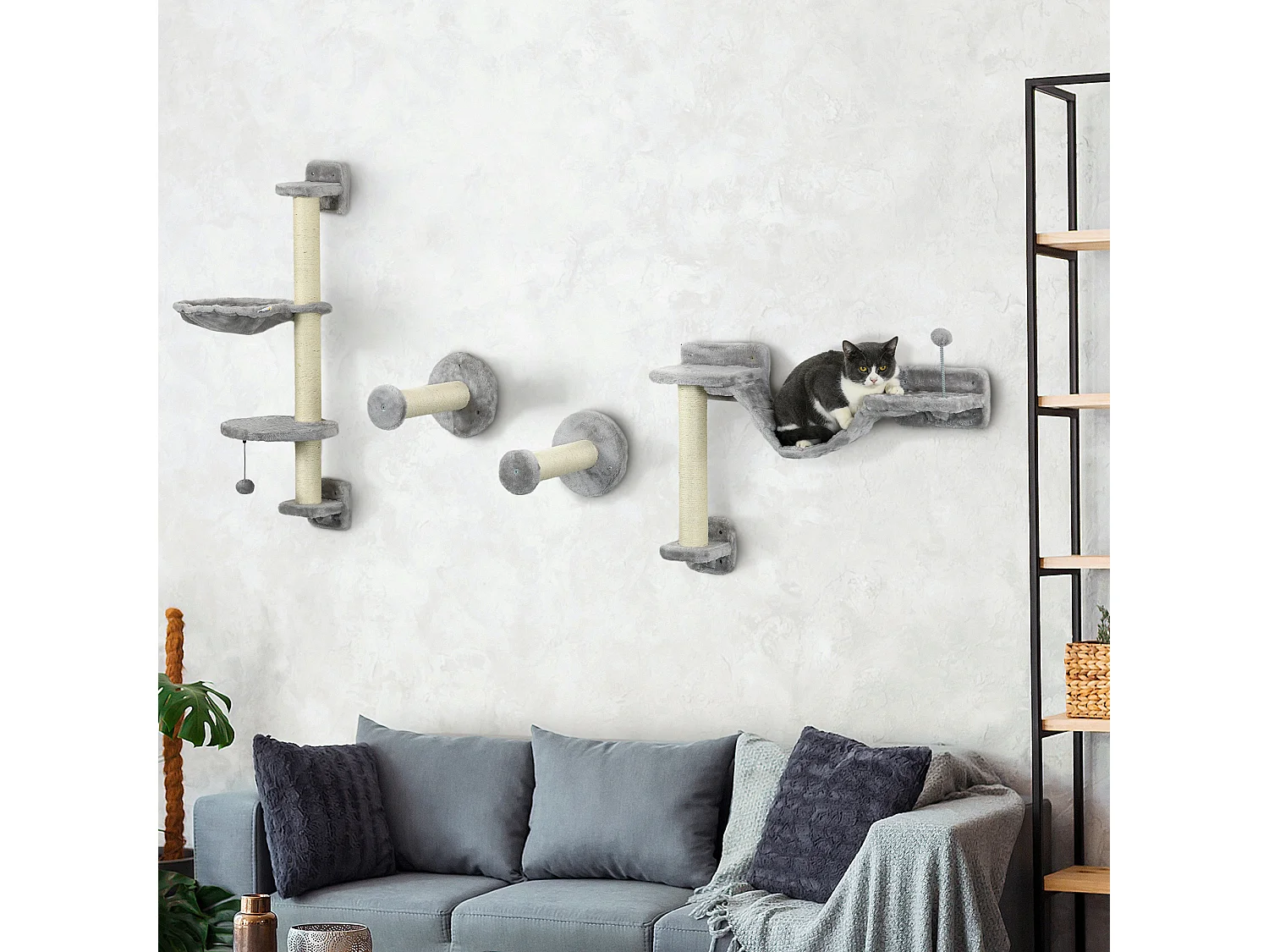 Mur d'escalade pour chat - arbre à chat design mural - griffoirs, plateformes, panier, hamac, jeux boules - gris