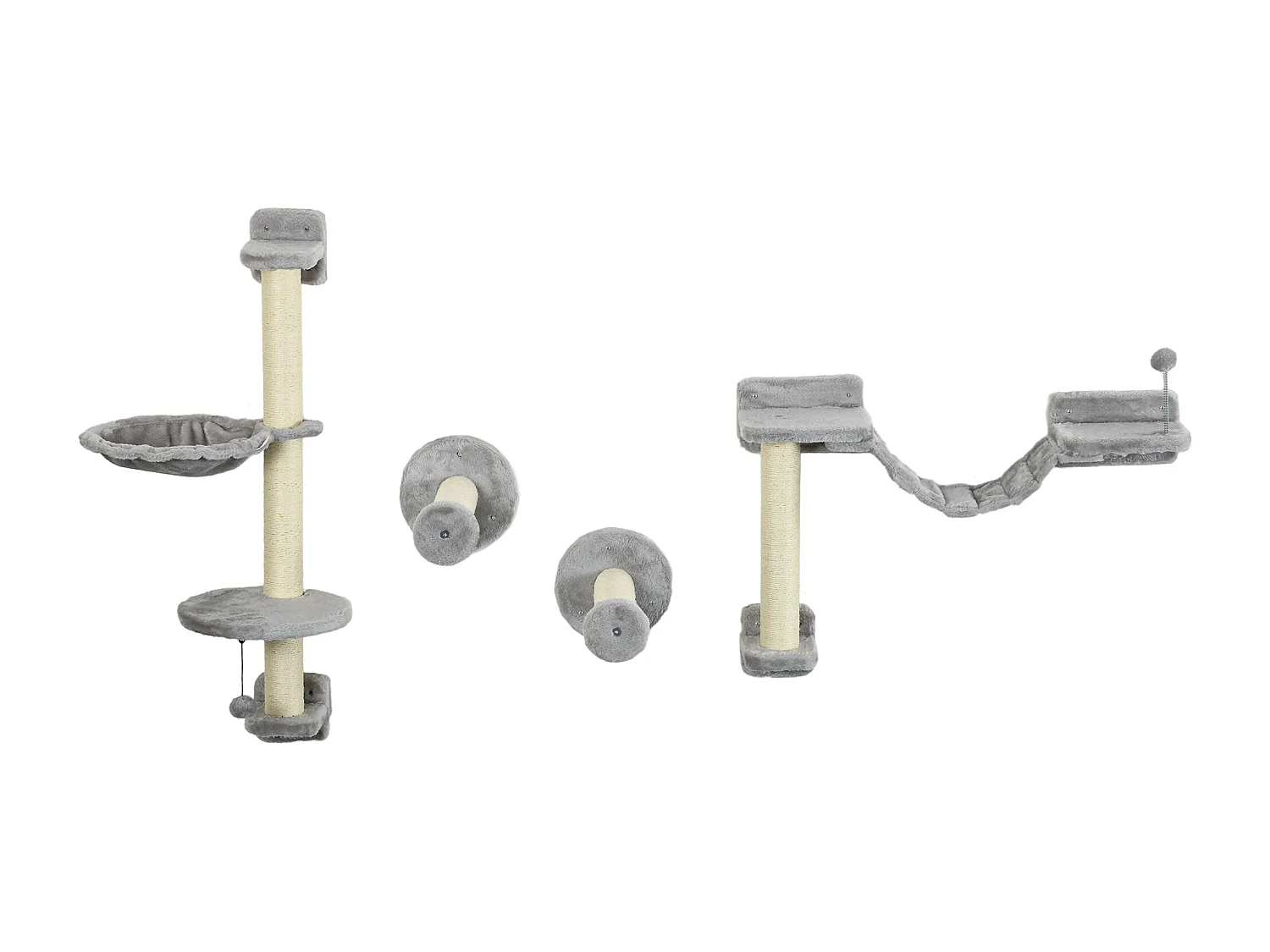 Mur d'escalade pour chat - arbre à chat design mural - griffoirs, plateformes, panier, hamac, jeux boules - gris