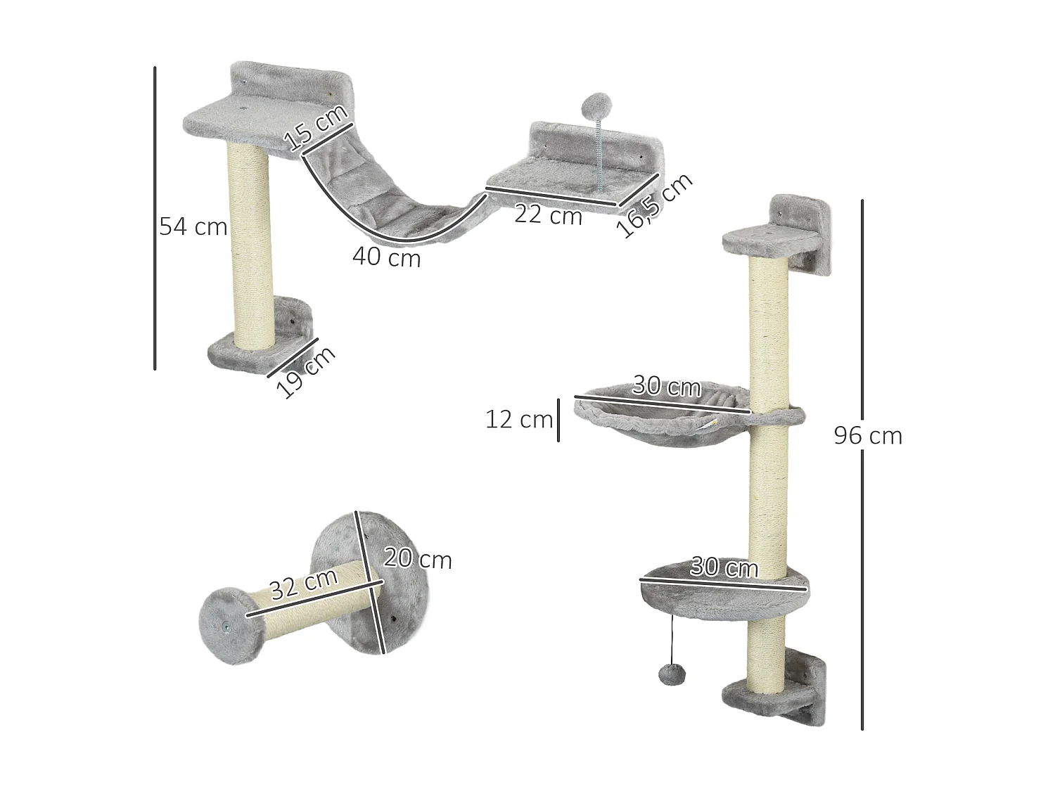 Mur d'escalade pour chat - arbre à chat design mural - griffoirs, plateformes, panier, hamac, jeux boules - gris