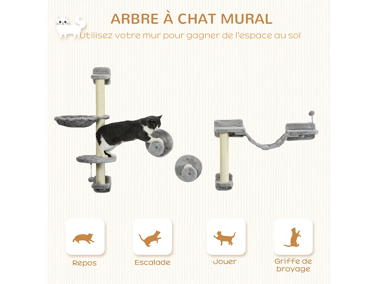Mur d'escalade pour chat - arbre à chat design mural - griffoirs, plateformes, panier, hamac, jeux boules - gris