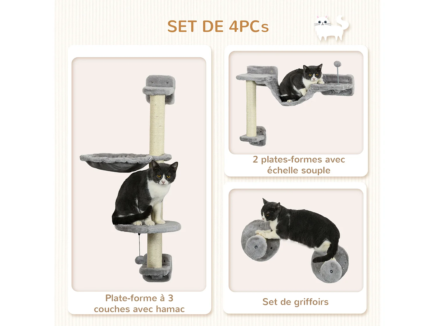 Mur d'escalade pour chat - arbre à chat design mural - griffoirs, plateformes, panier, hamac, jeux boules - gris