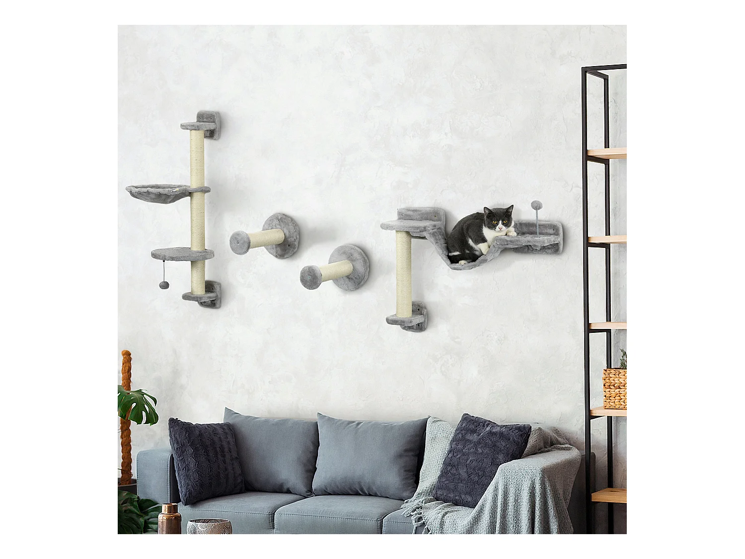 Mur d'escalade pour chat - arbre à chat design mural - griffoirs, plateformes, panier, hamac, jeux boules - gris
