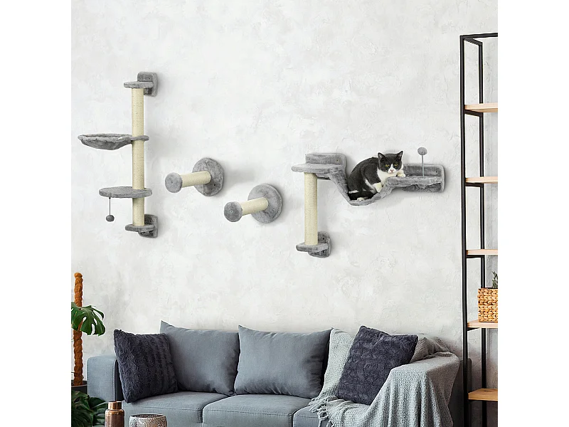 Mur d'escalade pour chat - arbre à chat design mural - griffoirs, plateformes, panier, hamac, jeux boules - gris