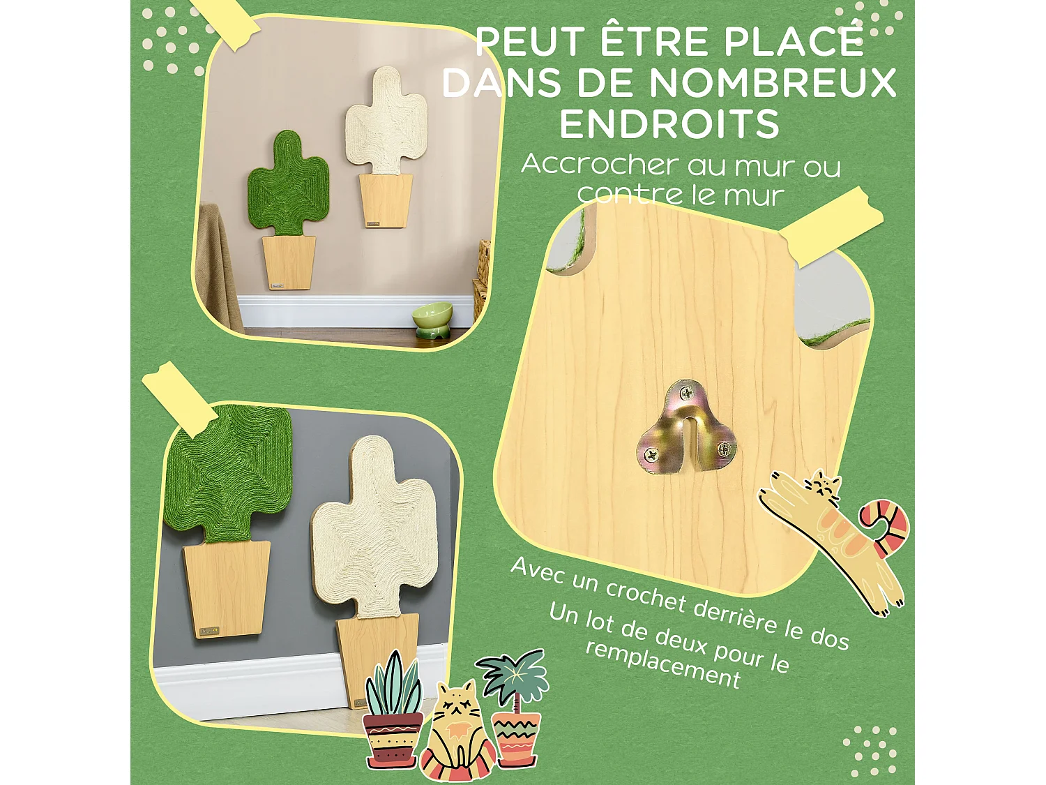 Lot de 2 griffoirs grattoirs murals design cactus dim. 30L x 60H cm jute naturelle écru verte aspect bois clair