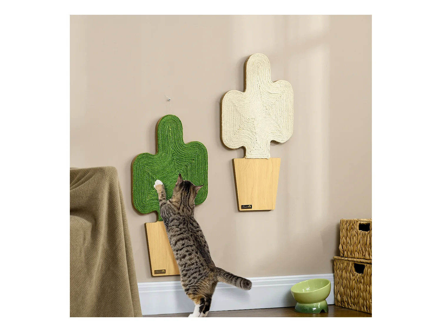 Lot de 2 griffoirs grattoirs murals design cactus dim. 30L x 60H cm jute naturelle écru verte aspect bois clair