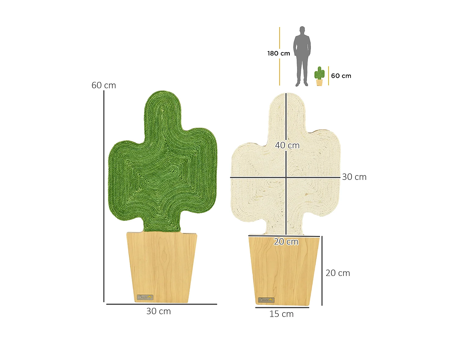 Lot de 2 griffoirs grattoirs murals design cactus dim. 30L x 60H cm jute naturelle écru verte aspect bois clair