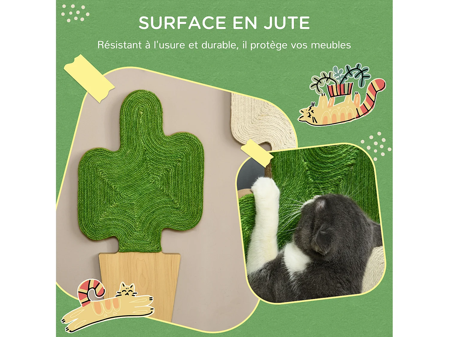 Lot de 2 griffoirs grattoirs murals design cactus dim. 30L x 60H cm jute naturelle écru verte aspect bois clair