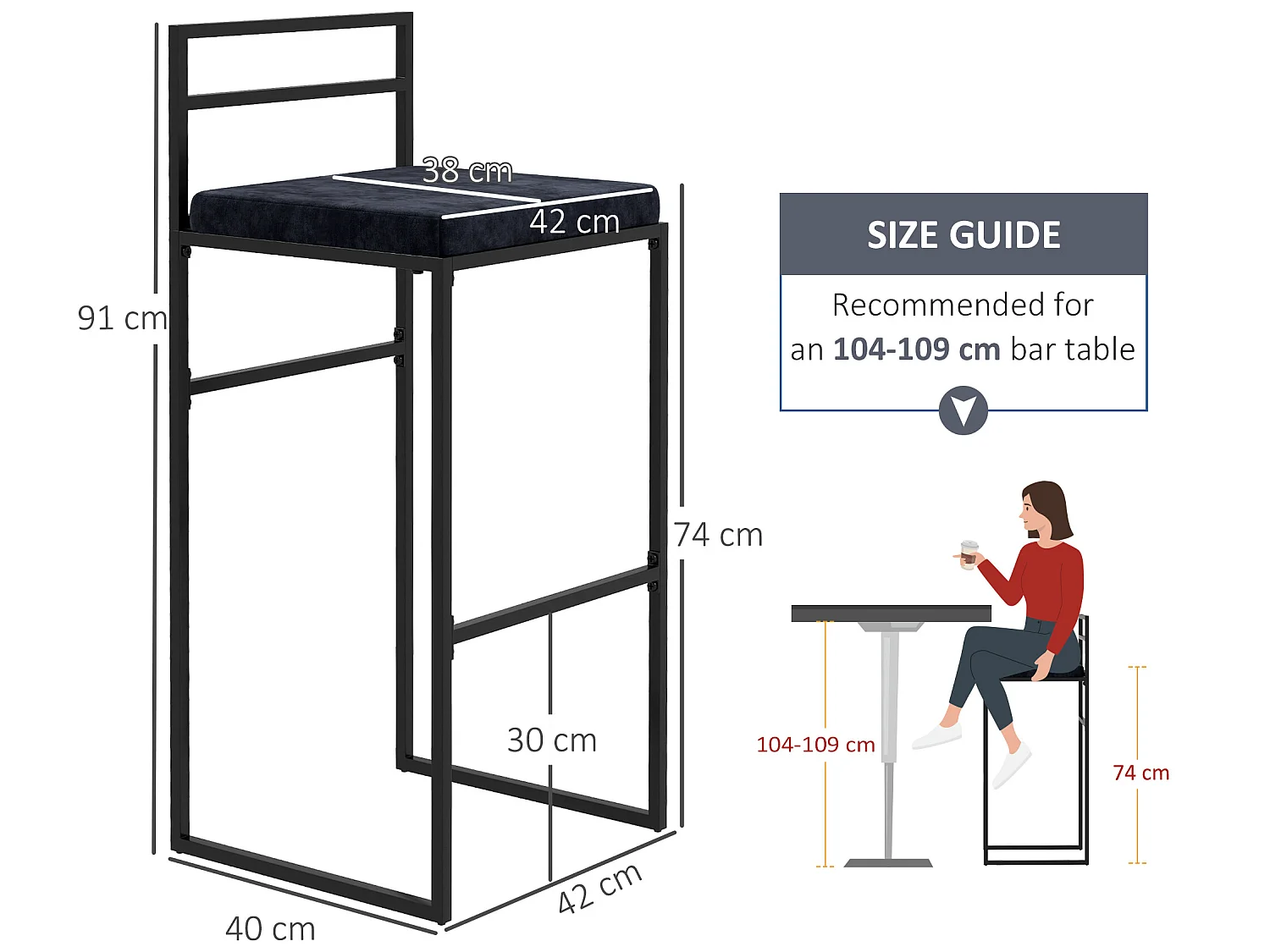 Lot de 2 tabourets de bar design - coussin, repose-pied, dossier intégrés - acier velours noir