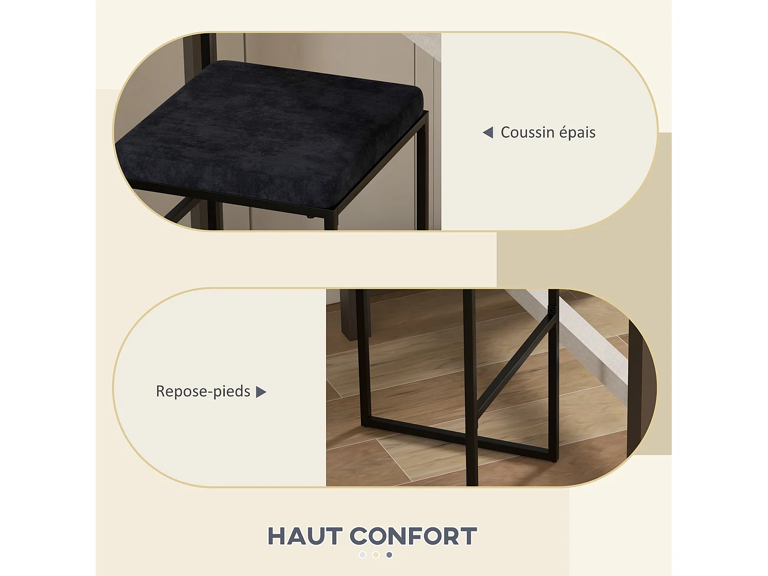 Lot de 2 tabourets de bar design - coussin, repose-pied, dossier intégrés - acier velours noir