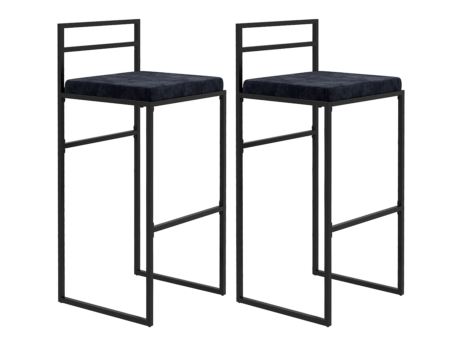 Lot de 2 tabourets de bar design - coussin, repose-pied, dossier intégrés - acier velours noir