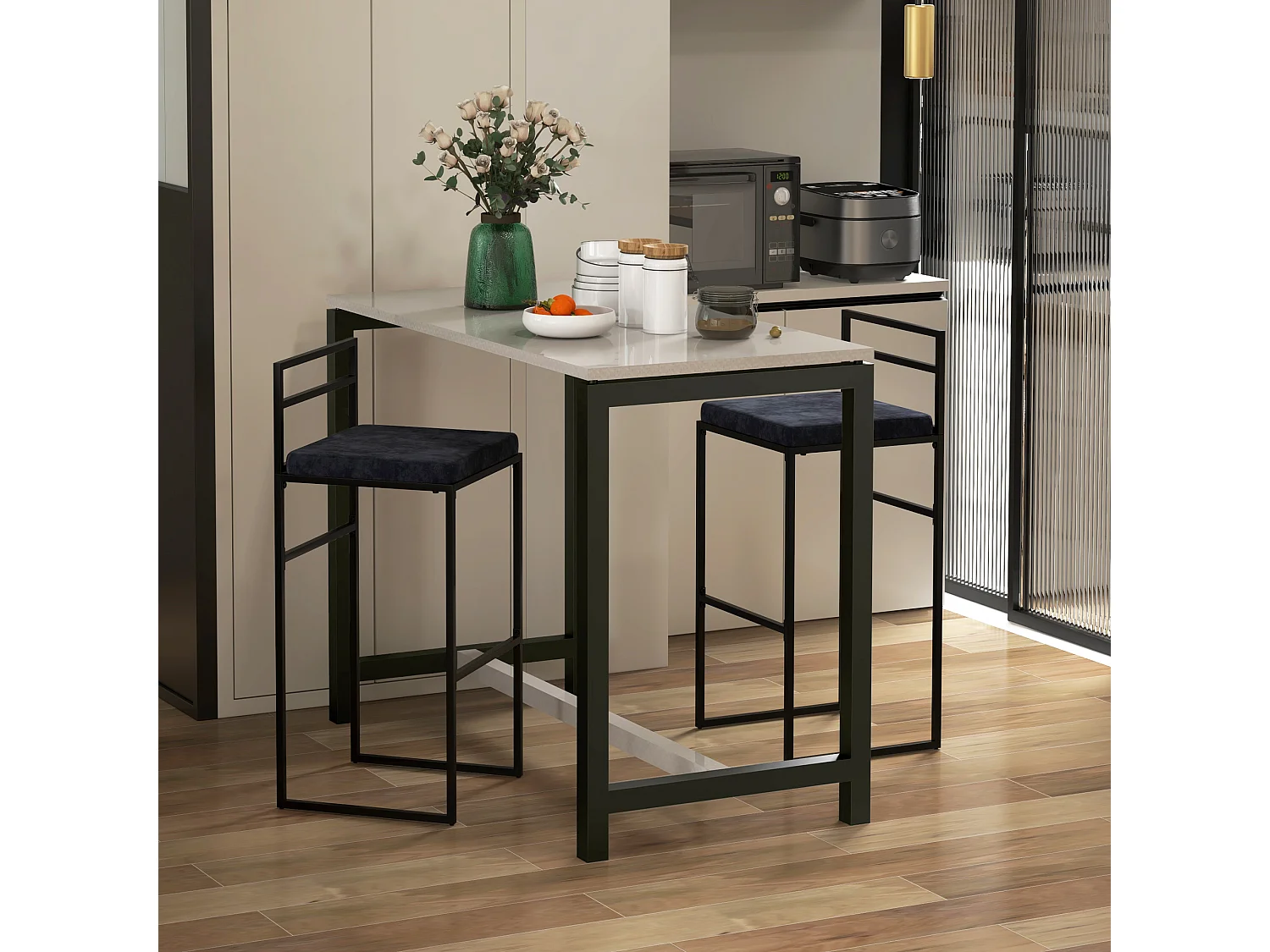 Lot de 2 tabourets de bar design - coussin, repose-pied, dossier intégrés - acier velours noir