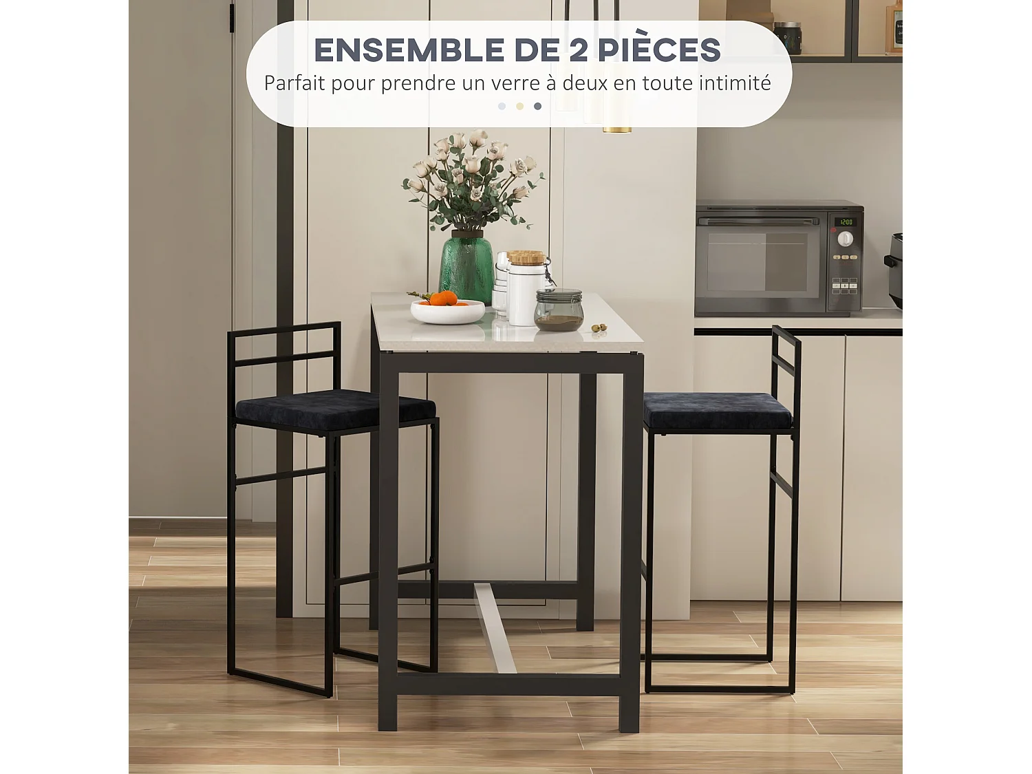 Lot de 2 tabourets de bar design - coussin, repose-pied, dossier intégrés - acier velours noir