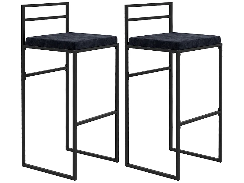 Lot de 2 tabourets de bar design - coussin, repose-pied, dossier intégrés - acier velours noir