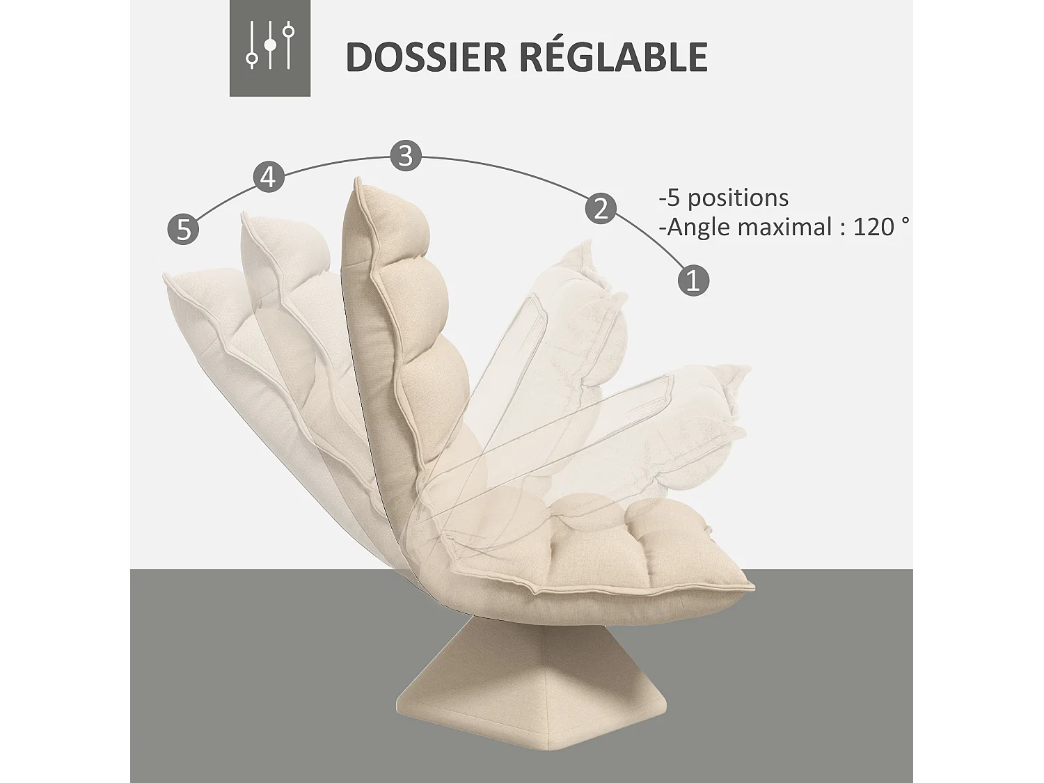 Fauteuil relax grand confort pivotant inclinaison réglable 5 niv. épais garnissage mousse haute densité tissu velours microfibre beige