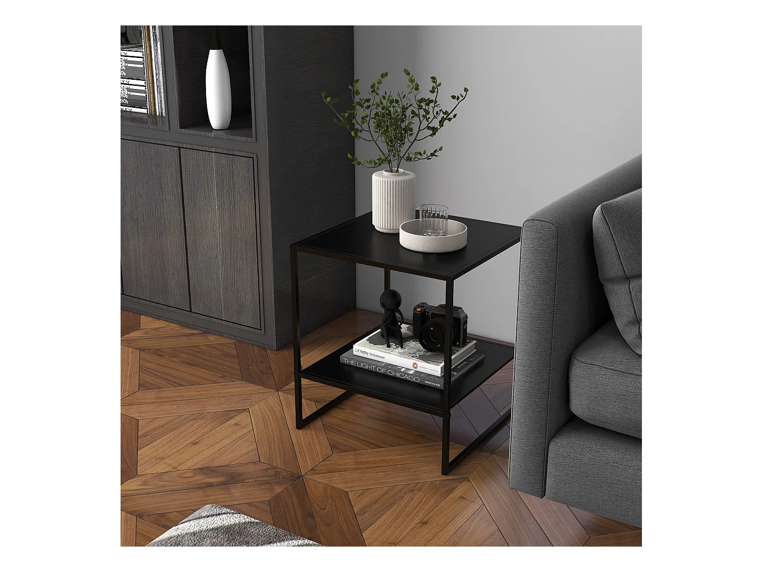 Table basse table d'appoint guéridon bout de canapé 2 niveaux acier noir