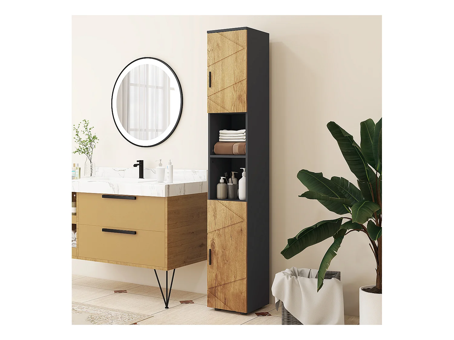 Meuble colonne rangement salle de bain style cosy 2 portes 2 étagères 2 niches anthracite aspect bois