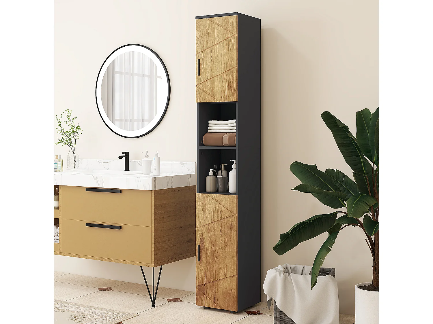 Meuble colonne rangement salle de bain style cosy 2 portes 2 étagères 2 niches anthracite aspect bois
