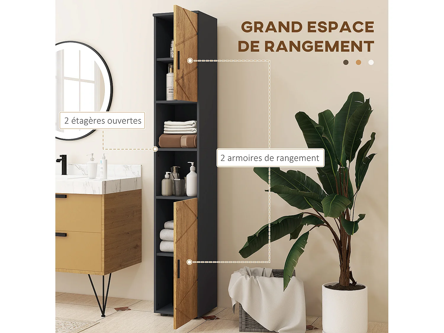Meuble colonne rangement salle de bain style cosy 2 portes 2 étagères 2 niches anthracite aspect bois