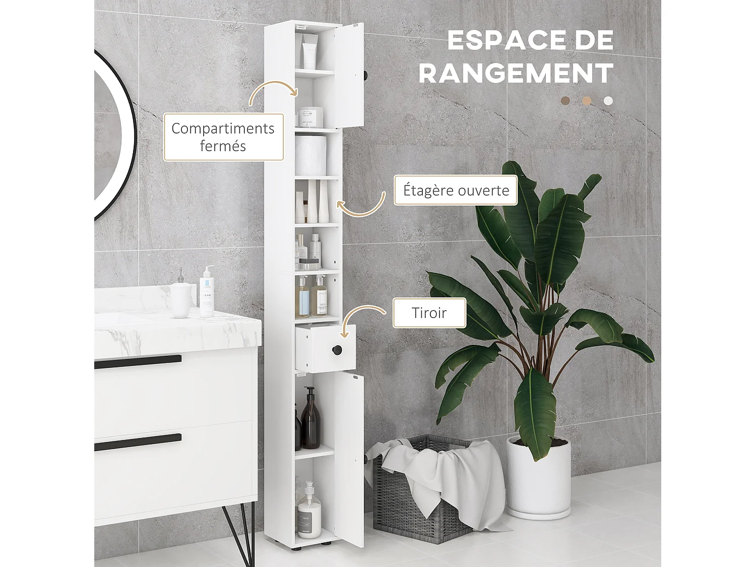 Meuble colonne salle de bain 2 portes 2 étagères 4 niches tiroir poignées métal noir panneaux blanc